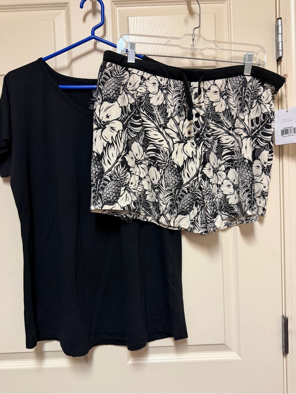 Black Tee with Black & White Tropical Print Shorts